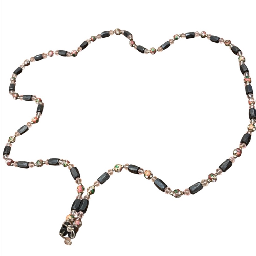 Sautoir MAGNETIC HEMATITE STONES Vintage NECKLACE Black Pink Glass Beads 36"